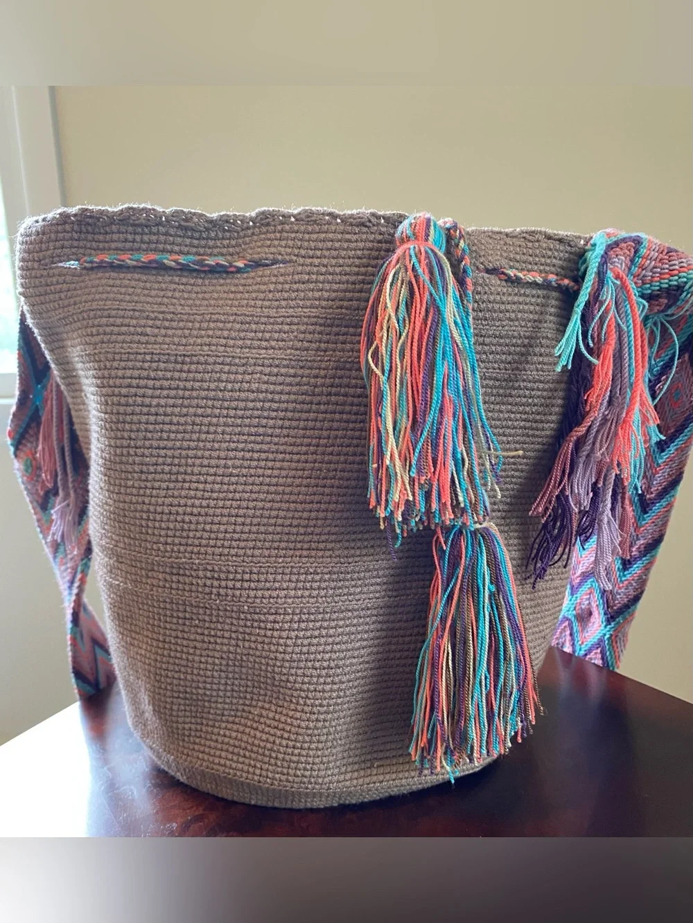 Handwoven Colombian Bag with Multicolor Chevron Strap & Tassels